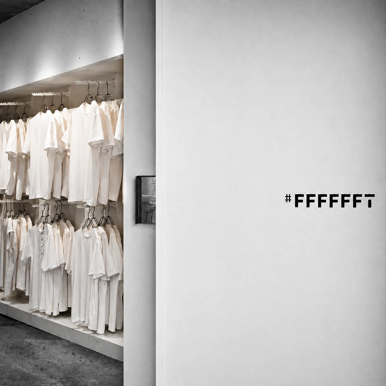 Rows of plain white T-shirts hanging inside a monochrome shop beside the black #FFFFFFT wordmark