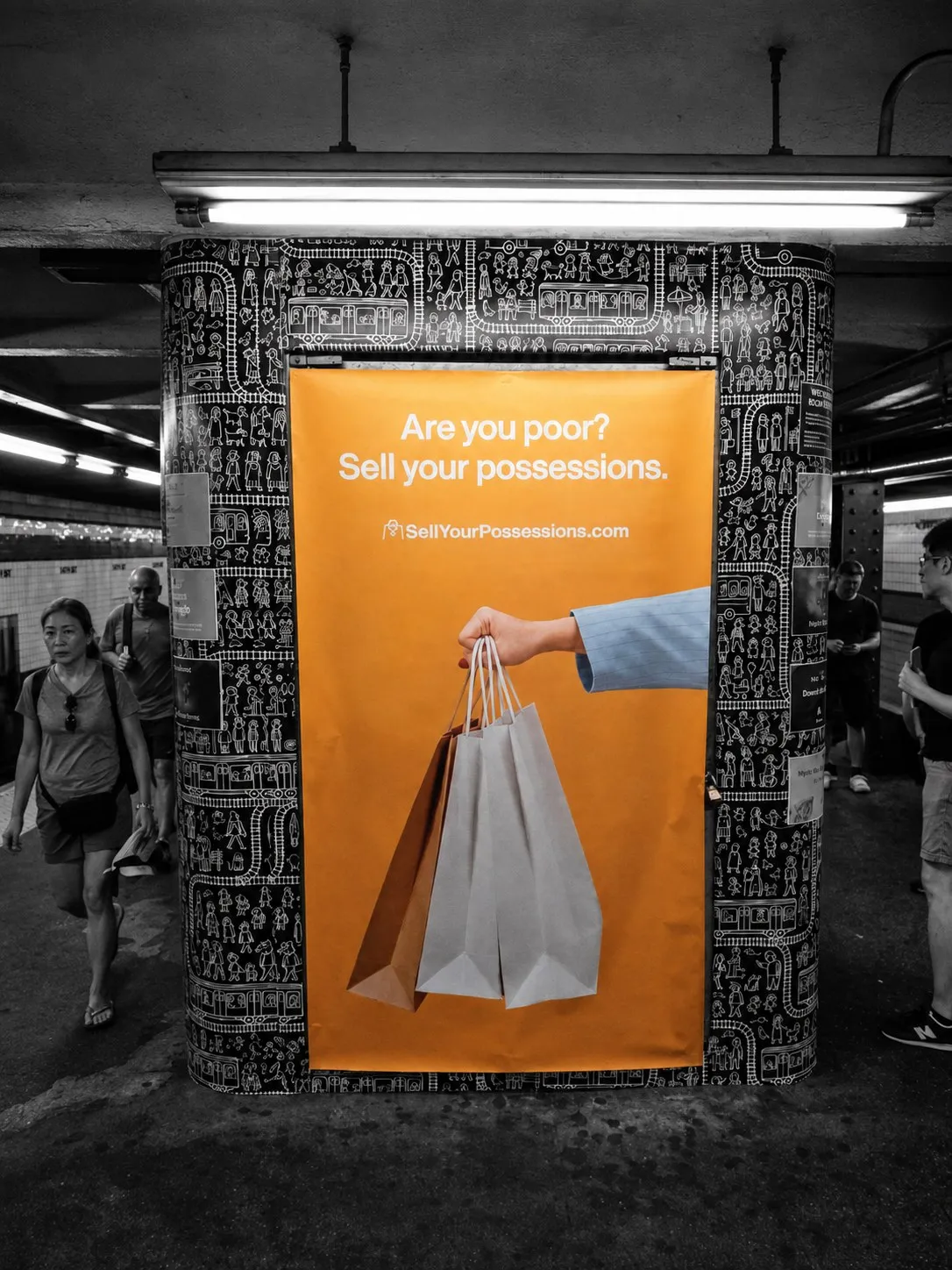An orange subway poster reading "Are you poor? Sell your possessions." on a monochrome West 4th Street platform, with commuters passing on either side
