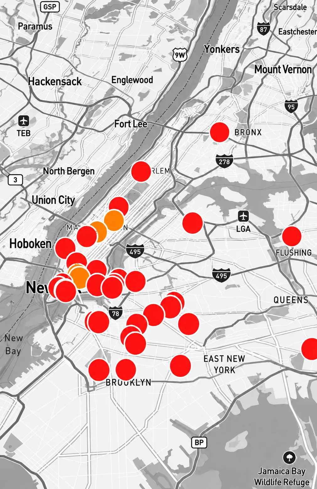 A monochrome map of New York City covered with red and orange markers for PULL song locations