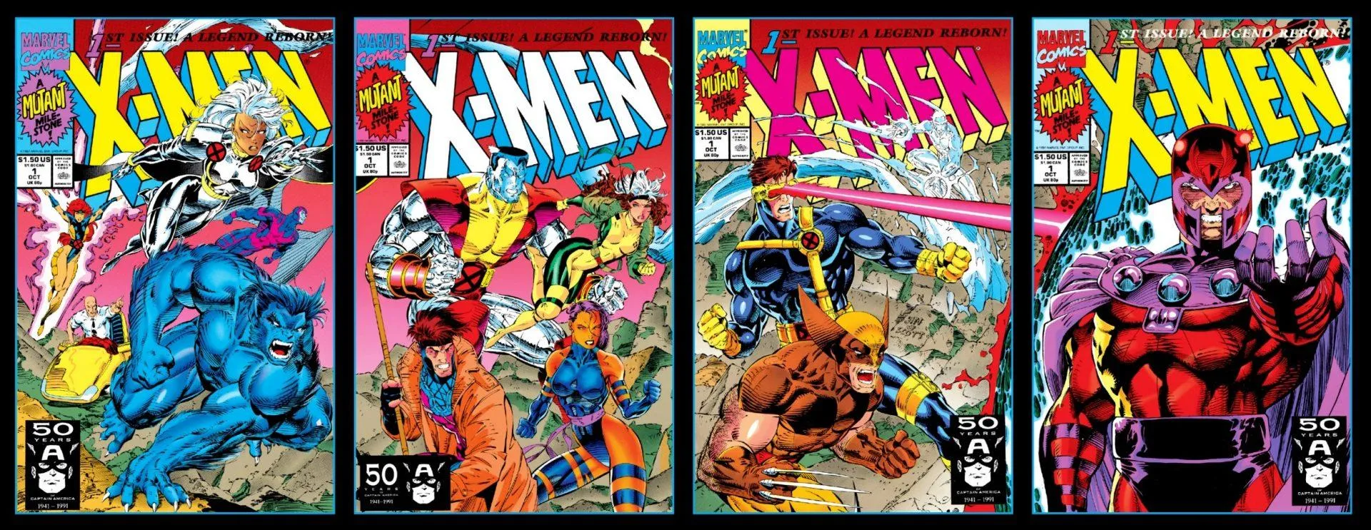 Four illustrated X-Men issue-one covers displayed side by side, showing different groups of characters